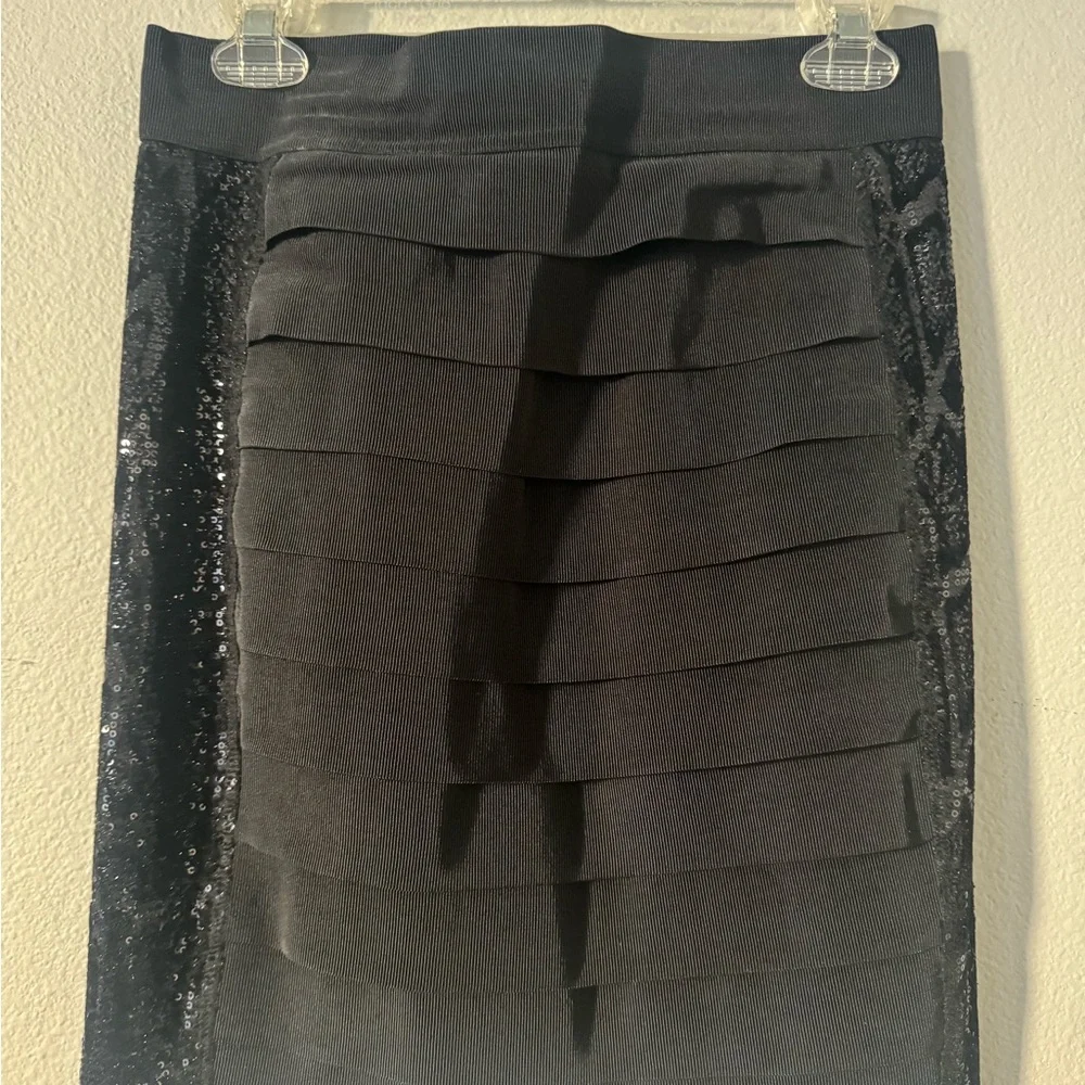 Tory Burch Black Tiered Pencil Skirt with Sequin Side Panels